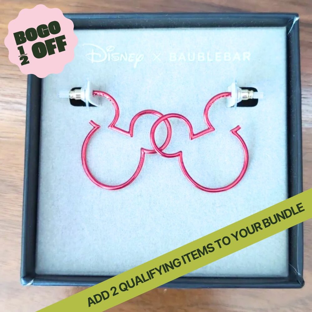 Disney x BaubleBar Mickey Earrings New In Box Metallic Red